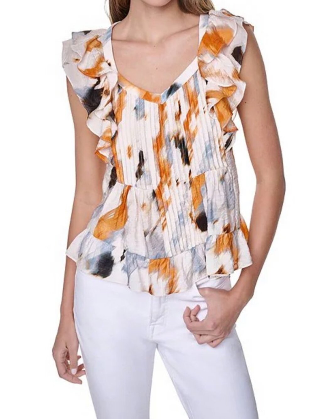 Donna Karan DKNY by Donna Karan Woven Printed V-Neck Cap Flutter Sleeve Blouse
